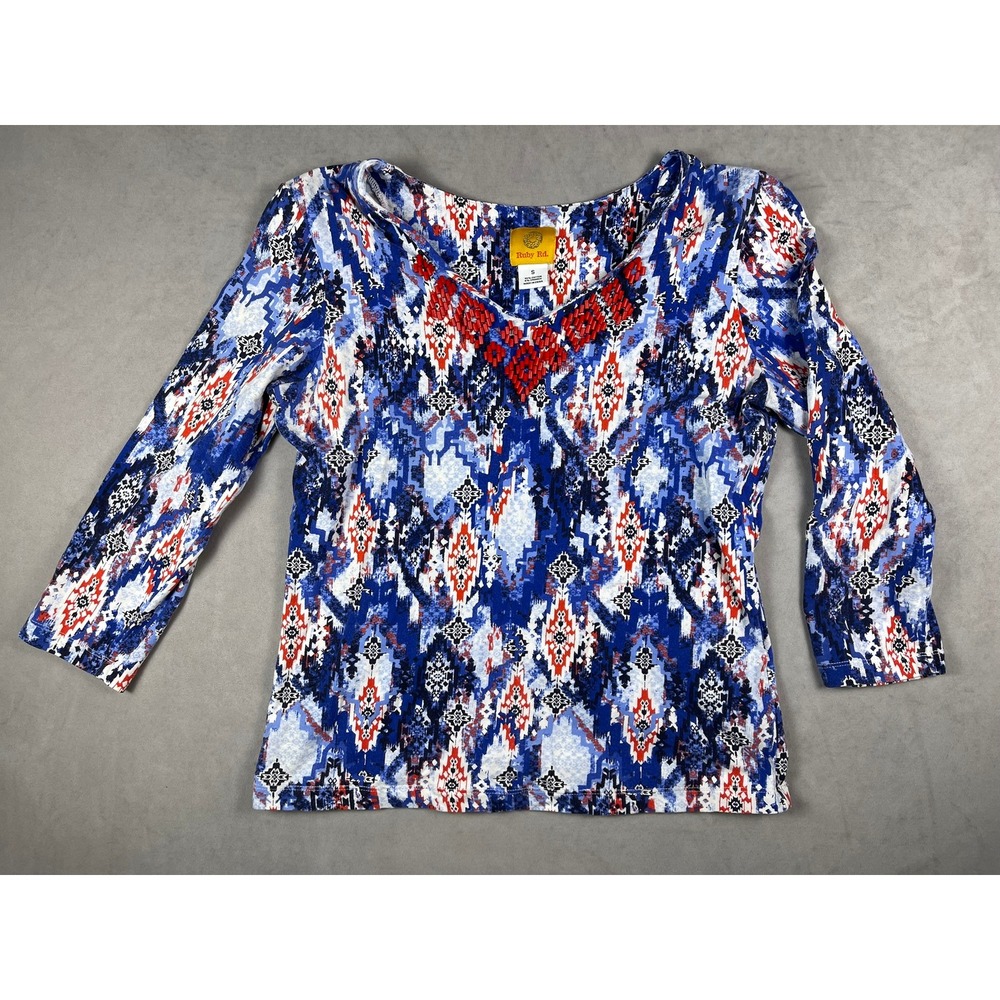 Ruby Rd Womens Small Blue Red Ikat Geometric Beaded V-Neck 3/4 Sleeve Top Shirt